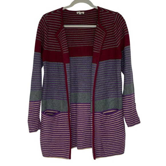 Talbots Petite Stripped Long Open Cardigan Maroon Gray Women's Size Small Petite - Picture 1 of 11